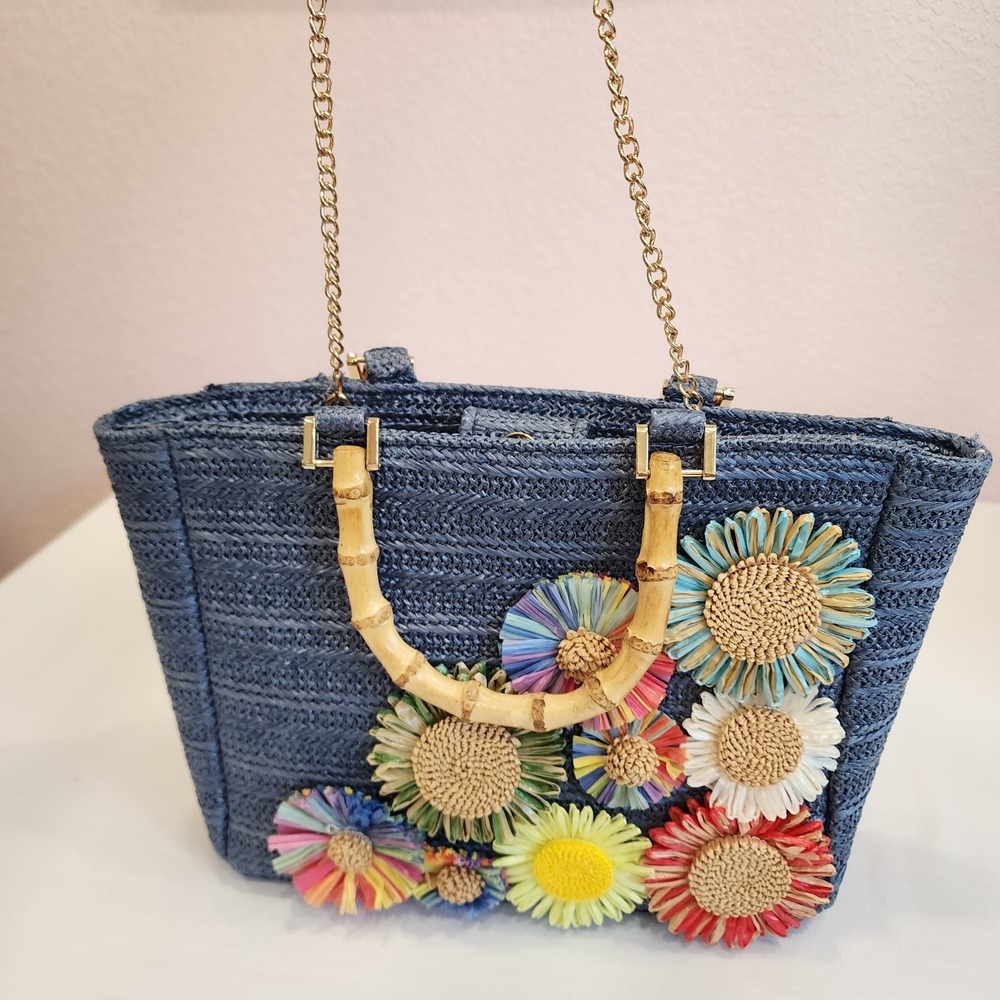 Haute Hippie Women's Straw Raffia Bag Purse With Gold Tone Chain Retro Ladylike - Picture 4 of 11